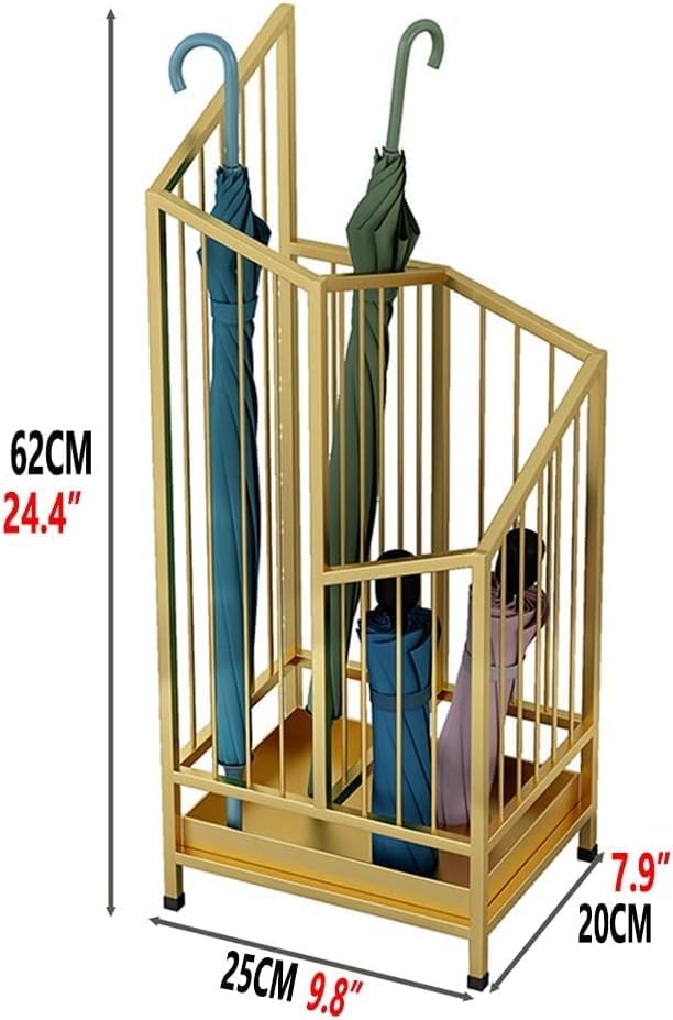 Modern Metal Rack for Hotel Office Indoor Umbrella Holder with Drip Tray 25x20x62cm Gold Color