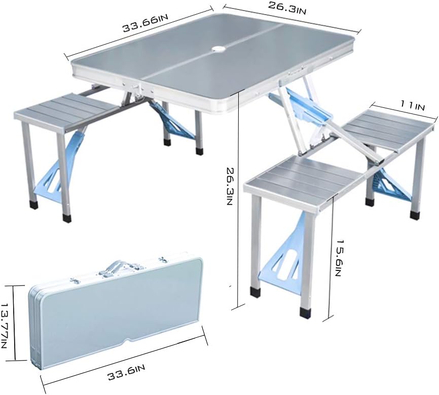Folding Picnic Table and Beach Set, Siamese Tables and Chairs Set, Aluminum Alloy Portable Desk with 4 Seats for Indoor Outdoor Travel, Camping.Hole for Parasol, Foldable with Handle(Aluminum)