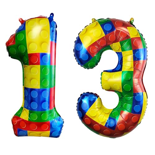 Image of 32 Inch Building Block Number 13 Balloons birthday Block Themed Large Big Helium Foil Mylar Balloon for Girls Boys Birthday Party Decoration Supplies