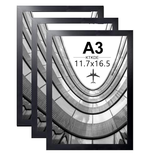 Image of KTKDE A3 Poster Frame set of 3,Black Wooden Picture Frame -16.5x11.7in Photo Frame,Certificate Frame with Plexiglass for Wall Mount or Table Top Display best gifts