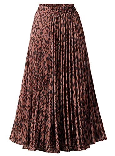chouyatou Women's Elastic Waist Leopard Print A-Line Pleated Swing Midi Length Full Skirt