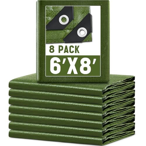 Image of 8 Pack Camping Tarps 6 x 8 ft, 5.5 Mil Waterproof Outdoor Tarp, Heavy Duty Hunting Tarp Ground Cover, Survival Shelter Tent Rain Cover for Camping, Farm, Patio, Roof, Boats, Cars, Army Green