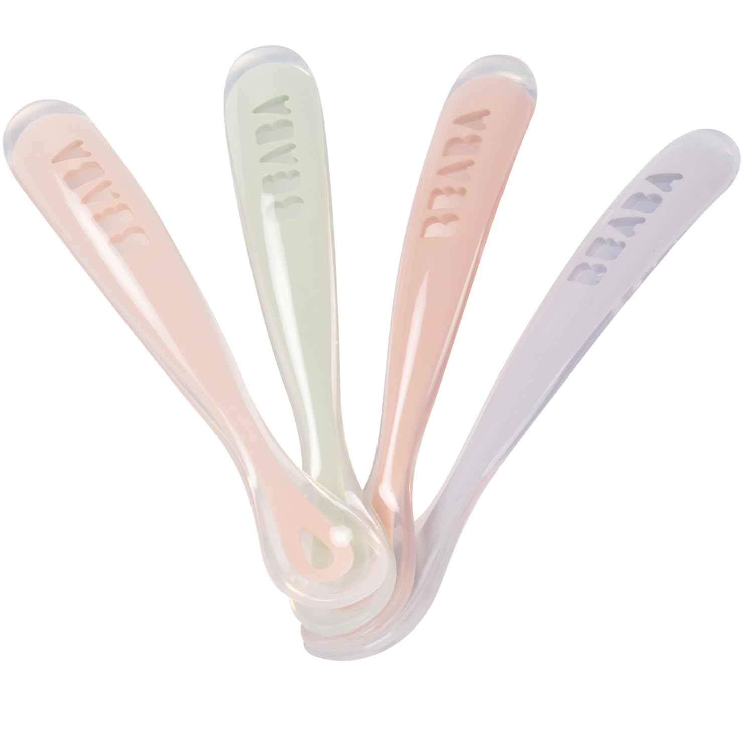 Béaba - Lot de 4 Cuillères en Silicone Bébé / Enfant 1er Âge - Dès 4 mois, Souple - Bout arrondi - Manche long et Ergonomique, Barbe à papa / Guimauve / Vert de gris / Lila