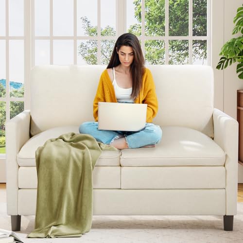 Image of Welzona 3-Layers Cloud Loveseat Sofa, 51 inch Small Couch, Teddy Small Sofa | Comfy Teddy Fabric, Washable Covers, Tool-Free Setup, All-wood Futon Couch for Living Room, Bedroom, Small Spaces, Beige