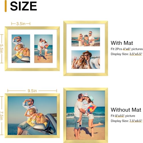 decorUhome 8x10 Picture Frames Collage Wall Decor, Display 2Pcs 4x6 Photos with Mat or 1Pcs 8x10 Unmatted, 2 4x6 Collage Picture Frames for Wall Mounting, Gold