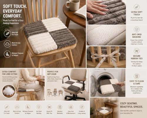 Image of Amazon Brand - Umi Taupe & White Checkerboard Faux Fur Chair Seat Cushions, 16x16 Inch Fluffy Dining Chair Pads with Ties, Foam-Filled Modern Neutral Chair Pads, Set of 2