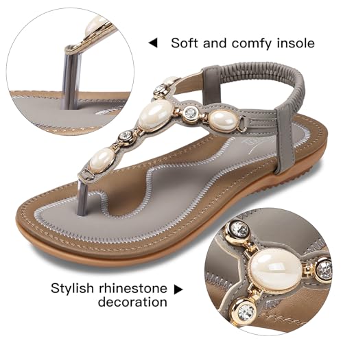 Image of SHIBEVER Dressy Flat Women Sandals: Comfortable Summer Thong Flats Sandal | Arch Support Walking Ankle Strap Dress Rhinestone Bling Womens Sandal - All Day Comfort Casual Beach Boho Women's Shoes