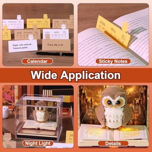 Aischens 3D-Kalender 2026, Kunstvoller Tischkalender mit Architektur-Motiv,Abreiß-Notizblock, Papierkunst-Notizblock, Geschenk für Weihnachten, Büro, Wohnraumdekoration (Eule-2026)