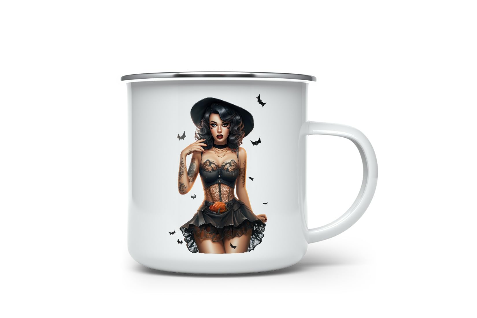 MAXIKIWI - Durable Enamel Coffee or Tea Camping Mug for Indoor Outdoor Use - Vintage Pin Up Halloween Girl - 350ml