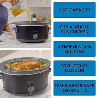 Kenmore 5 Quart Slow Cooker - Mini Crock Pot With Glass Lid, Stainless Steel Electric Cookers, Warm Rice & Sous Vide Stew, Soup, Lunch, Dishwaher Safe Non-Stick Ceramic Insert, 5 Lb Chicken 3 Lb Roast