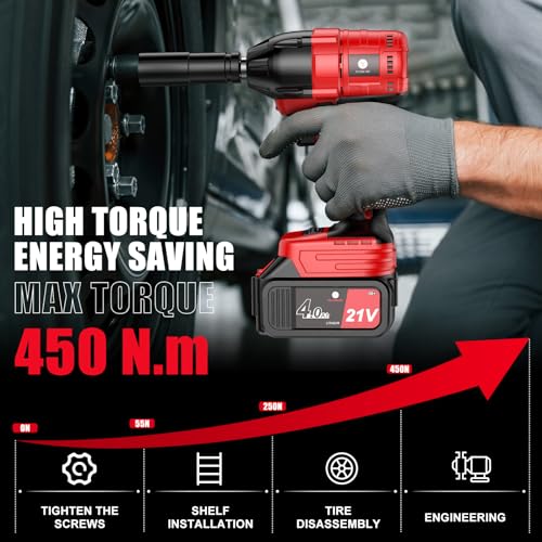 Pokk Cordless Impact Wrench, 330 ft-lbs(450N.m) Power Impact Wrench 1/2 Inch, Electric Impact Gun Includes 2 × 4.0Ah Impact Driver Battery, Fast Charger, Sockets, Drill & Screwdriver - Thumbnail 4