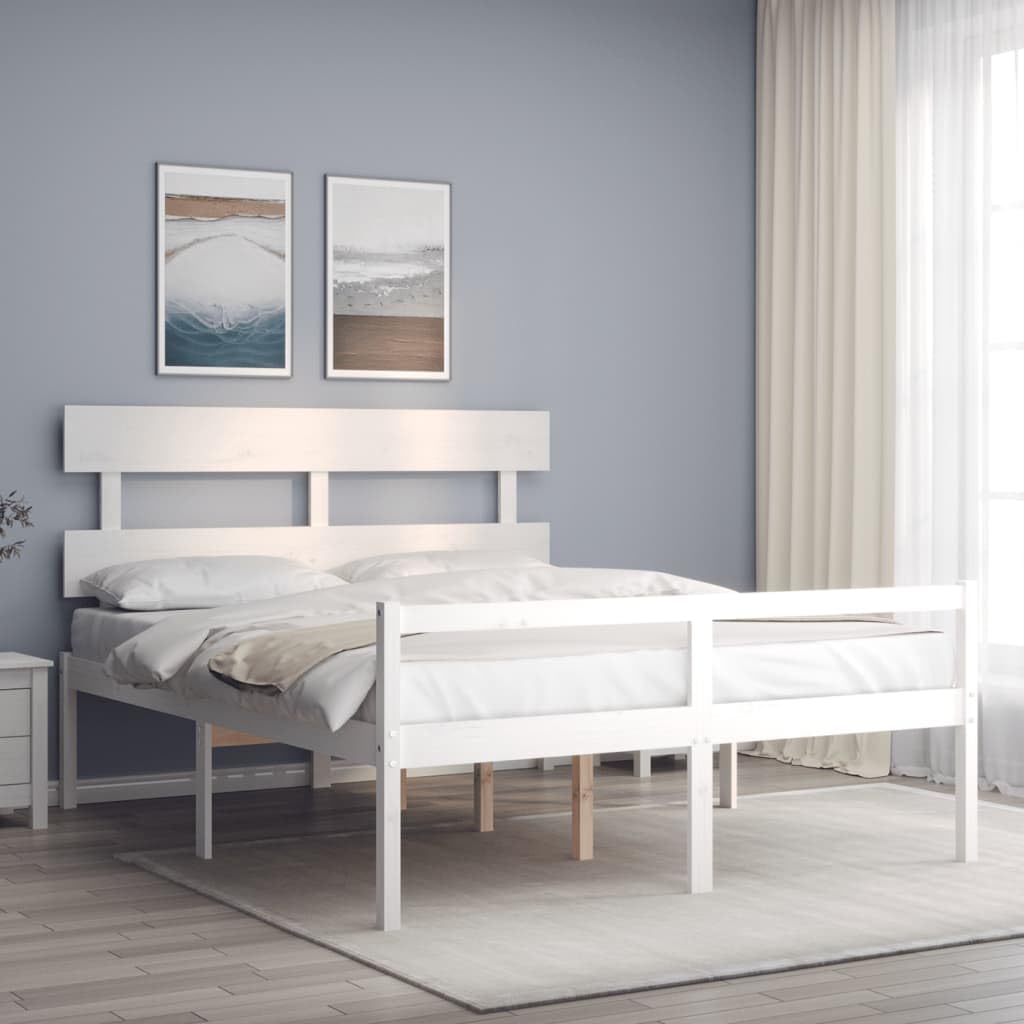 Seniorenbett 160x200 cm Weiß, Holzbett Massivholz Kiefer mit Kopfteil, Ehebett Doppelbett mit 45 cm Sitzhöhe Komfortbett Seniorengerecht