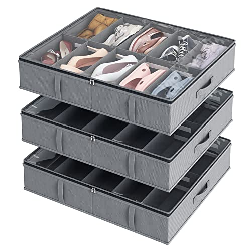 Fixwal Under Bed Shoe Storage Organizer Set Of 3, Sturdy Shoe Boxes Storage With Adjustable Dividers Reinforced Handles Clear Window For Shoes Clothes Boots Toys Fits 30 Pairs, Breathable, Gray #TOP9