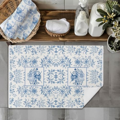 Image of Vintage Blue Chinoiserie Floral Highland Cow Kitchen Towels, Highland Cow Gifts Dish Tea Towels, Grandmillennial Farmhouse Heifer Decorative Hand Towel for Bathroom, 16x24 Inch Set of 2