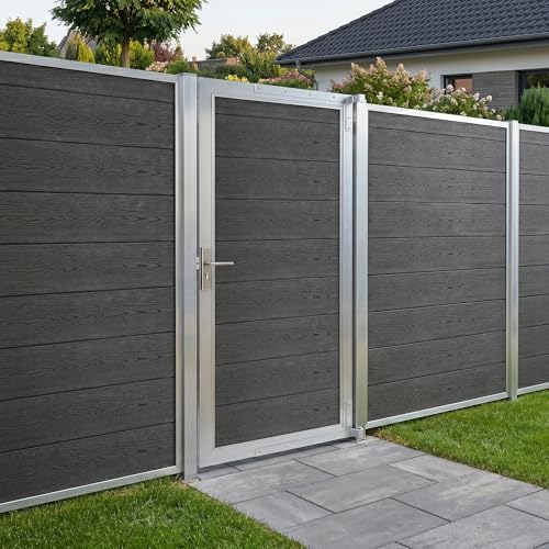 NEU.HOLZ Portail de Jardin Segovia Portillon Extérieur 180 x 90 cm Protection contre les Regards Résistante aux Intempéries Moderne WPC Aspect Bois Gris
