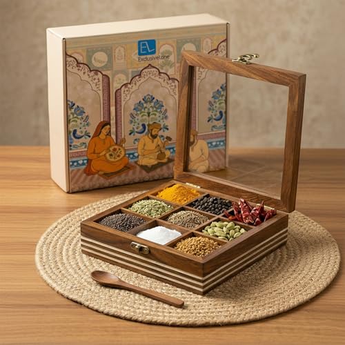 Image of ExclusiveLane Sheesham Wooden Spice Box for Kitchen with Spoon (9 Non-Detachable Compartments, Each Compartments : 80 gram) | Masala Container Spice Box Wooden Namak Dani for Kitchen Masala Box Wooden