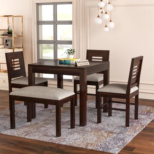 Image of Solid Sheesham Wood 3 Chair with1 Bench Dining Set with Cushioned Chairs for Dining Room | Living Room | Home & Office | Hotels Restaurant (4 Seater with Bench, Walnut)