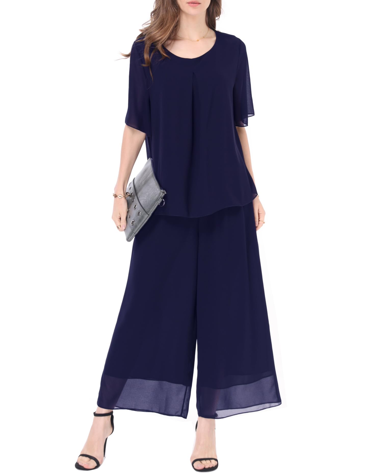 Womens 2 Piece Chiffon Sets Outfits Flowy Summer Casual Dressy Pantsuits Loose Double Layers Blouse Pants Sets