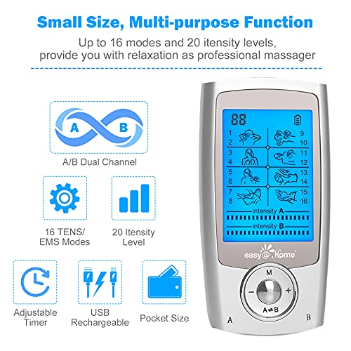 Easy@Home Rechargeable TENS Unit + EMS Muscle Stimulator, Dual Independent Channels With 20 Intensity Levels, 8 EMS or TENS Massage Types + 16-Mode, Handheld Electronic Pulse Massager, EHE029G - for OTC Home Use Portable Pain Relief Therapy Device - Image 3