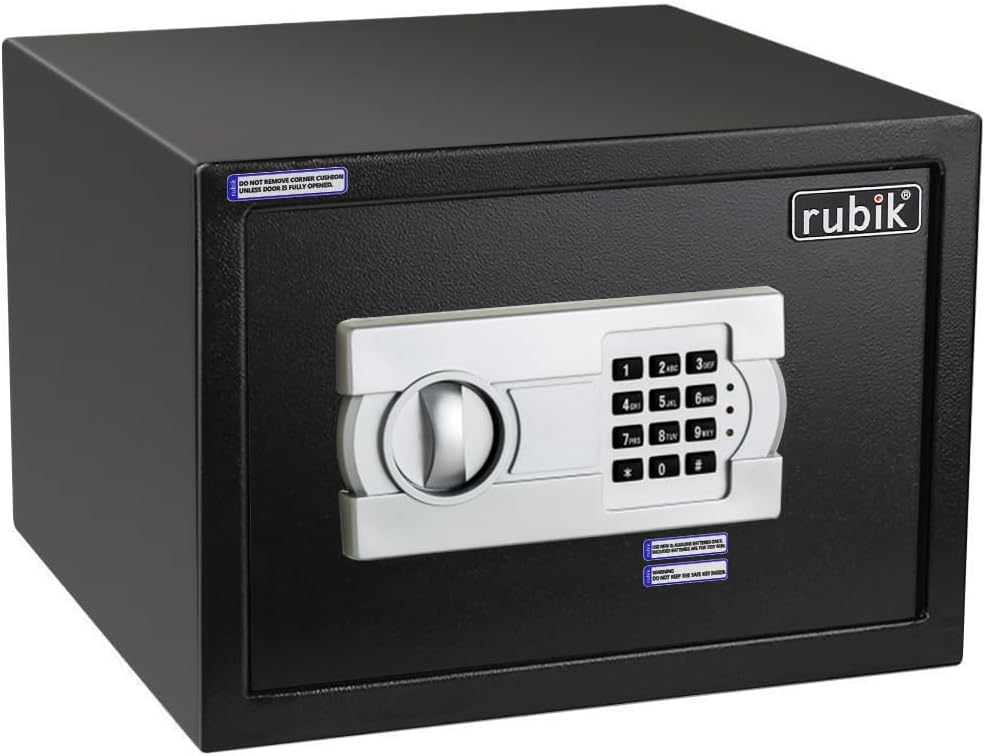 Rubik A4 Document Size Safe Box for Home Office with Key and Pin Code Keypad for Cash Documents Jewelry Passports (25x35x25cm) Black