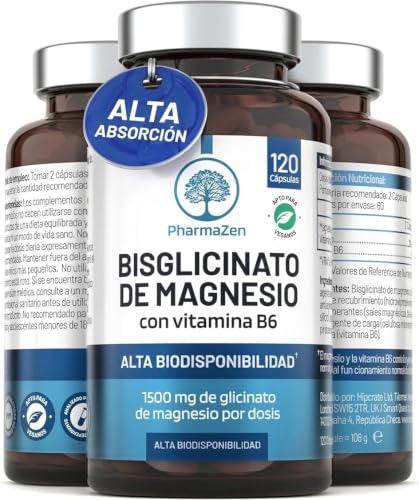 Miniatura 7 de Bisglicinato de Magnesio 1500 mg con vitamina B6 - Sueño y energía | 120 cápsulas veganas - 300 mg de magnesio puro - Glicinato de magnesio quelado - Alta absorción - PharmaZen