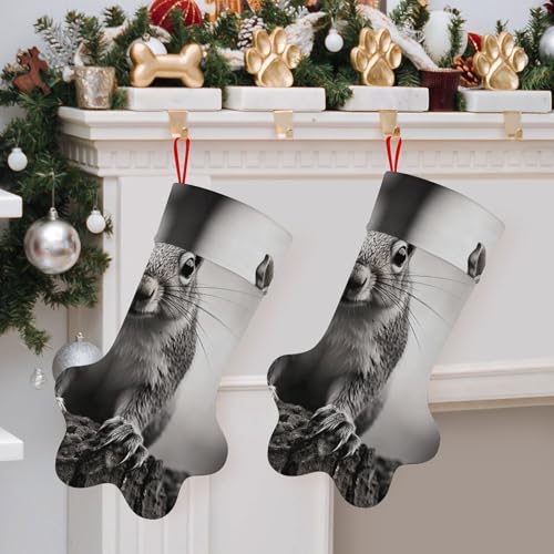 Weihnachtsstrumpf aus Polyester, Pfotenabdruck, hellgrauer Eichhörnchen-Druck, Weihnachtsstrumpf mit Pfotenabdruck, perfekte Urlaubsdekoration und Geschenktüte
