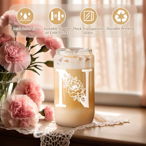 Image of Coolife Initial Glass Cup, Monogrammed Gifts for Women, 16 oz Tumbler w /Lid