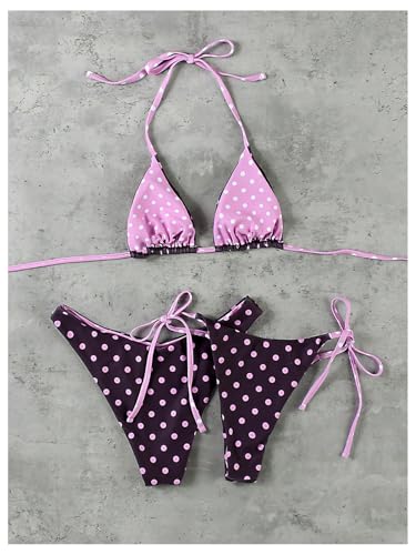 WDIRARA Women's Polka Dots 3 Piece Bikini Set Triangle Halter Thong Swimsuit Bathing Suit2