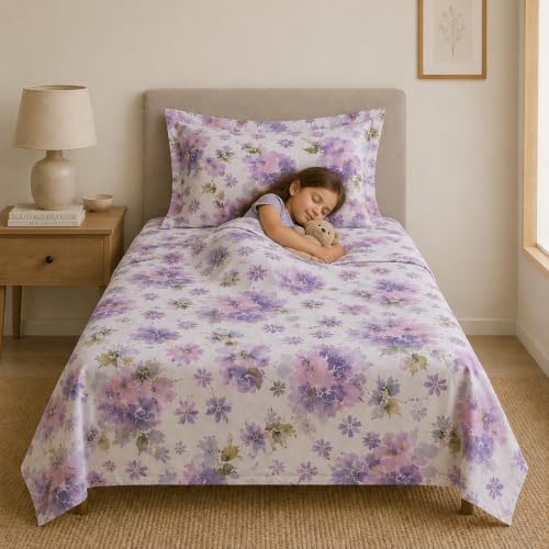 Image of Linen Home Cotton Percale Flat Bedsheet Set Single Size Floral Purple