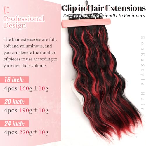 Image of KooKaStyle Wavy Clip in Hair Extensions 24 inch Black Mix Red Highlights | 4 Pieces Clip in Extensions,Fiber Double Weft Hairpieces,Natural Volume,Beach Wave Long Synthetic Hairpieces for Women