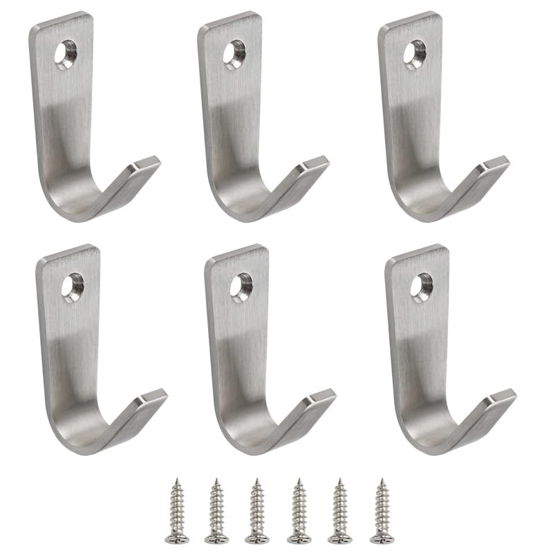 AUXBC J-Shaped Clothes Hook Wall Mounted Hooks Stainless Steel Coat Hooks Single Hole Wall Mount Hooks Hanger for Hanging Coat Clothes Hat Bag Purse Towel with Screws, Silver, 6Pcs