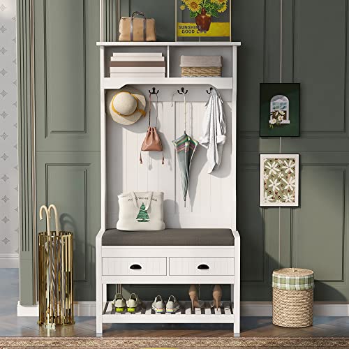 Merax Hall Tree With 4 Hooks And Hinged Lid, Coat Hanger, Entryway Bench, Storage Bench, 3-In-1 Design, For Entrance, Hallway (White, With Drawers) #TOP1