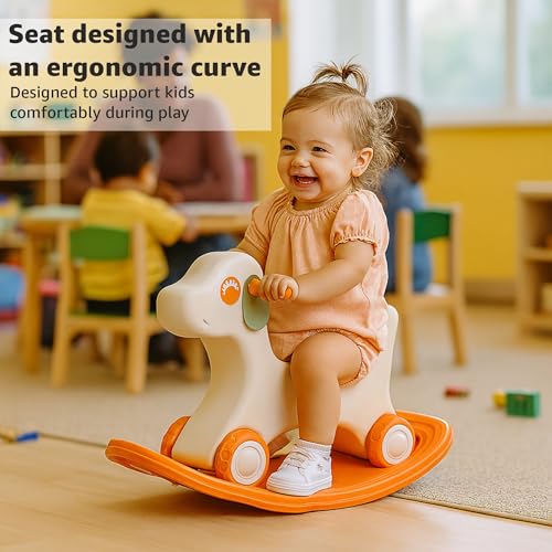Image of Amazon Brand - Jam & Honey 3-in-1 Puppy Push On Ride On Rocker for Kids | Balancing Board | Backrest | Easy Grip | Four Wheel | Durable and Safe | Lightweight | Animal Theme | 12 Months+ | Orange