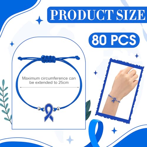 80 Pcs Colon Cancer Awareness Bracelets Adjustable Blue Ribbon Cord Ribbon Braided Bracelet Motivational Cancer Awareness Advocacy Gift for Women Men Fighters2