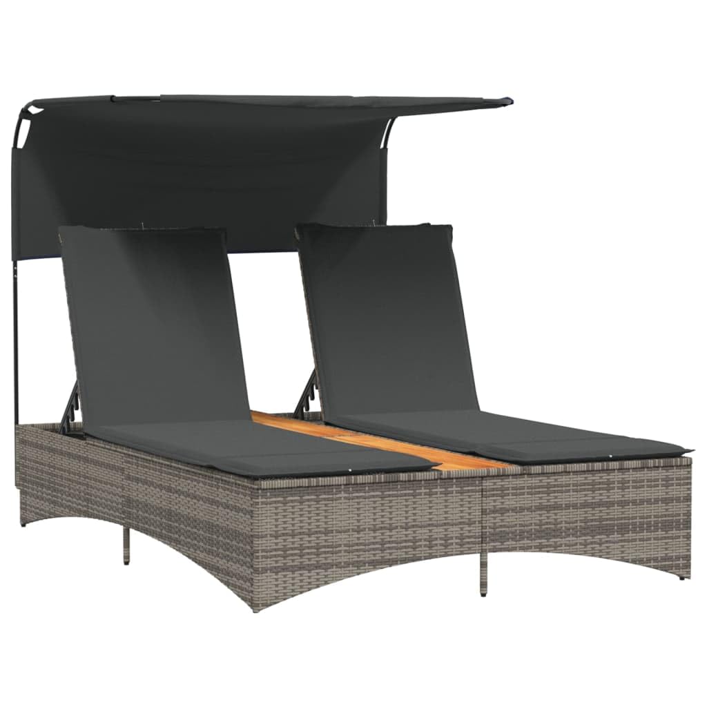 Doppel-Sonnenliege klappbar mit verstellbarem Dach 136 x 202 x 140 cm Poly-Rattan Akazienholz Gartenliege grau wetterfest für Balkon Terrasse Garten