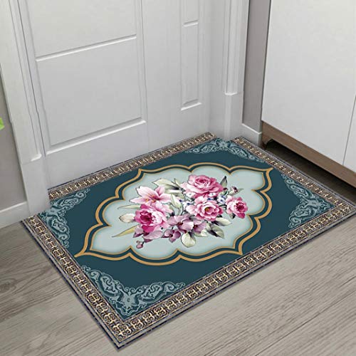 玄関マット 屋内 ドアマット 泥落としマット 緑 華やか おしゃれ 花柄 薔薇柄 ベージュ クラシック 吸水 速乾 カラー 夏用 エントランスマット 耐磨耗性 抗菌防臭 滑り止め 屋外 子供部屋 60*90cm 女の子 洗濯機OK