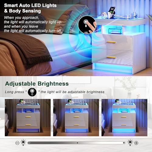 Image of HNEBC Auto LED Nightstand Set of 2, White Night Stand with Charging Station & USB Ports, High Gloss Bedside Table has 2 Drawers,Modern End Side Table for Bedroom (White)