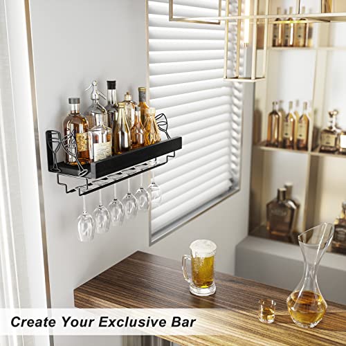 Love-KANKEI Wine Rack Wall Mounted Wine Glass Rack Floating Shelf with Stemware Hanger for Kitchen Wood Shelf for Home Bar (Black) - Image 2