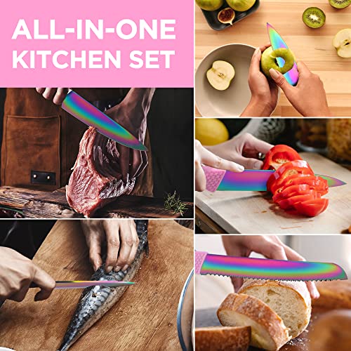 Haushof Kitchen Knife Set And Flissa Folding Pocket Knife, Titanium Coated Starter Knives Set For Kitchen With Ergonomic Handle, Tactical Knife With Liner Lock #TOP3