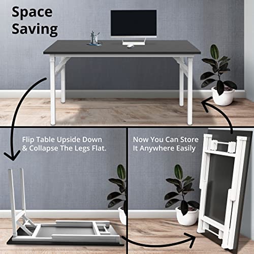 Halter Folding Desk Table For Small And Large Spaces, Collapsible Computer Desk For Office, Bedroom, And Study - 47” Space-Saving Portable, Foldable Study Table - Black Desk, White Frame #TOP5