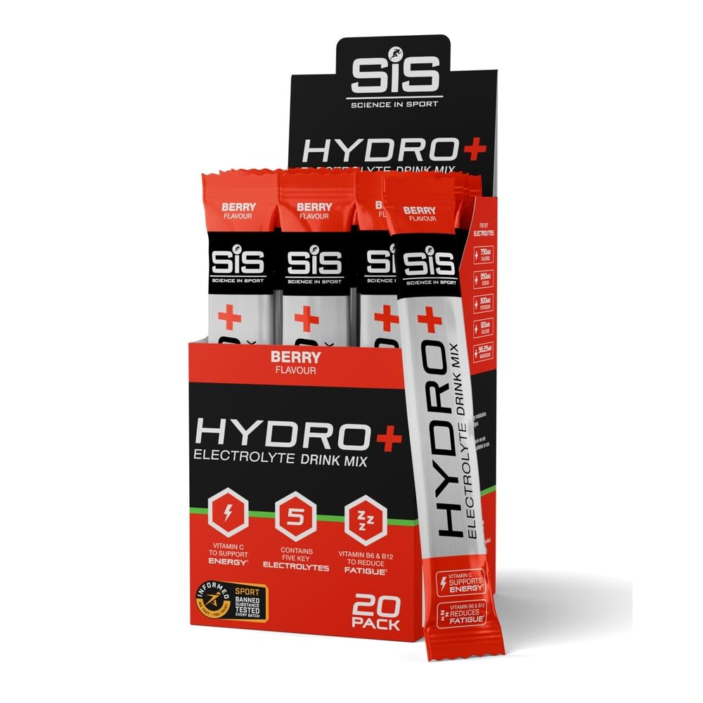 Science in Sport HYDRO+ Electrolyte Drink Mix 20x4,5g Frutos del bosque - Electrolitos en polvo veganos, Bebida deportiva en polvo con vitamina C y 5 electrolitos importantes