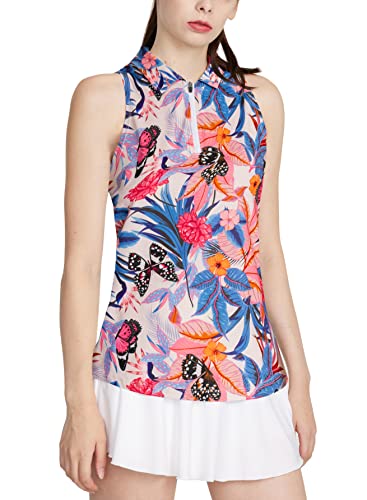 Lastfor1 Women's Golf Shirt Sleeveless Printed Pullover Half Zip Floral Tennis Polo Shirts Moisture Wicking Athletic Tops Pink Flower Xl #TOP25