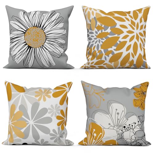 ASDCXZ Lot de 4 housses de coussin jaunes 40 x 40 cm - Motif floral moderne - Jaune gris - Pour canapé - Lavables - Polyester et lin - Textile d'extérieur