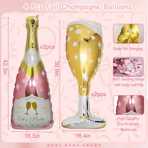 4 Pcs Champagne Balloons, Huge Rose Gold Champagne Bottle Goblet Aluminum Foil Balloons for Birthday, Bachelorette, Bridal Shower, Wedding, Anniversary, Engagement Party Decorations Supplies - Image 4