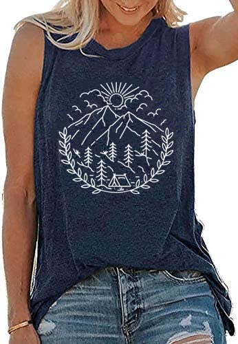 Womens Summer Tops Funny Hiking Camping Mountain Graphic Tank Causal Oudoor Travel Athletic Workout Sleeveless Shirts Cotton Loose Fit Top-Xl (Navy Blue) #TOP1