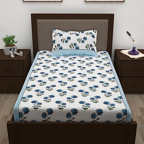 Image of Story@Home 144 TC Single Bedsheet Cotton Combo with 2 Pillow Cover | White & Blue | Floral (Bedsheet Single Bed : 57 in X 88 in & Pillow Cover : 16 in X 24 in)
