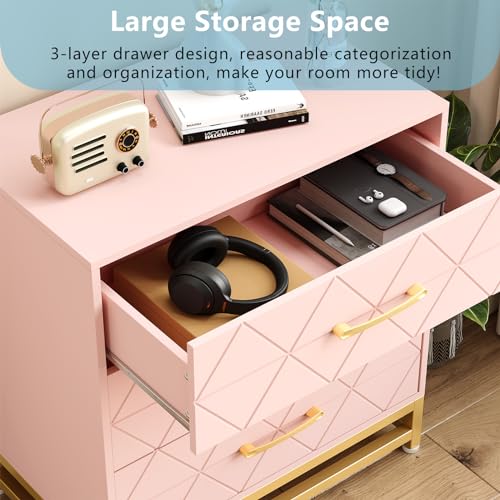 GarveeHome Wooden Dresser for Bedroom, Dressers & Chest of Drawers with 3 Drawer, Wood nightstand for Storage and Organization (Pink)