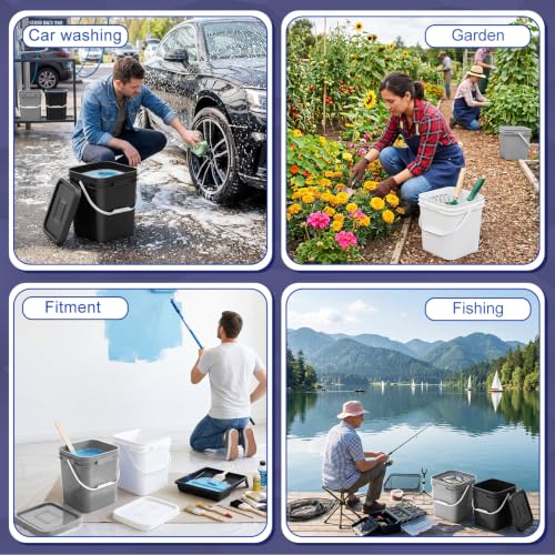 Image of Mumufy 3 Pcs 3.5 Gallon Square Food Grade Bucket with Lid Square Bucket Pail Plastic Handles for Long Term Food Storage, Camping, Fishing, Home Organization Easy Stack and Store (Black,Gray,White)