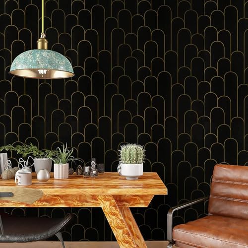 Image of Black and Gold Arches Art Deco Wallpaper for Home - Luxury Geometric Pattern Wall Coverings for Living Room, Bedroom & Office - Textured Metallic Gold & Charcoal Black Accent Decor (45x300cm)