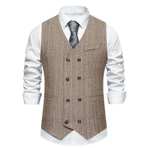 Men Solid Color Herringbone Double-Breasted Sleeveless Slim Fit Flat Pockets Suitable Wedding Vests4